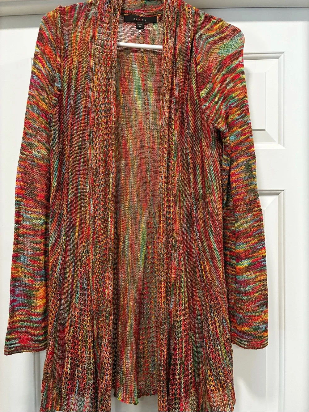 Fever Multicolor Open-Front Knit Cardigan — Red, Orange, Green, Blue